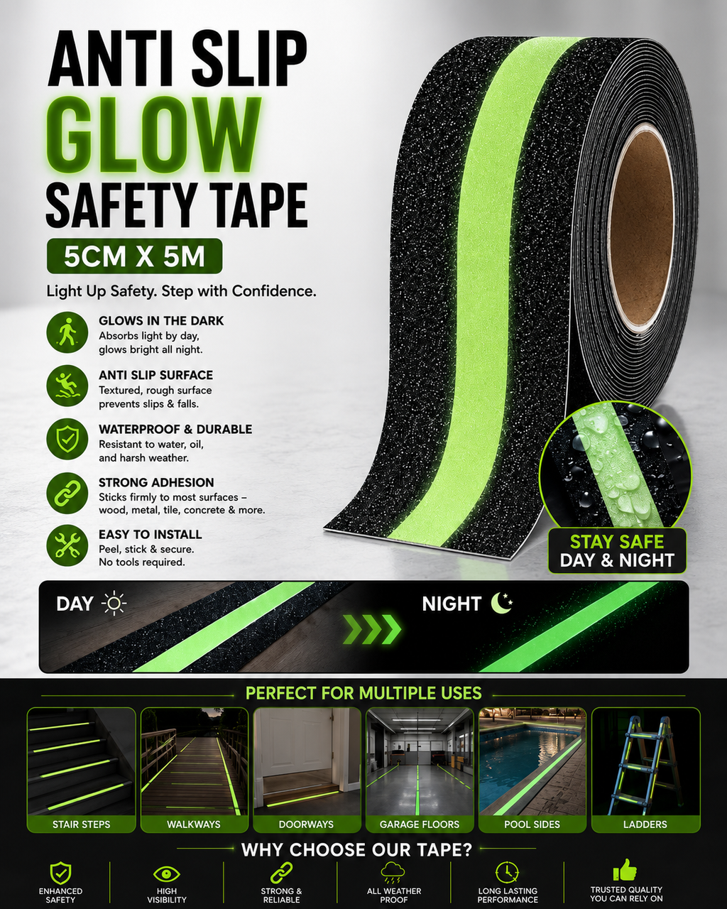 GlowSafe Anti-Slip & Glow-in-the-Dark Safety Tape