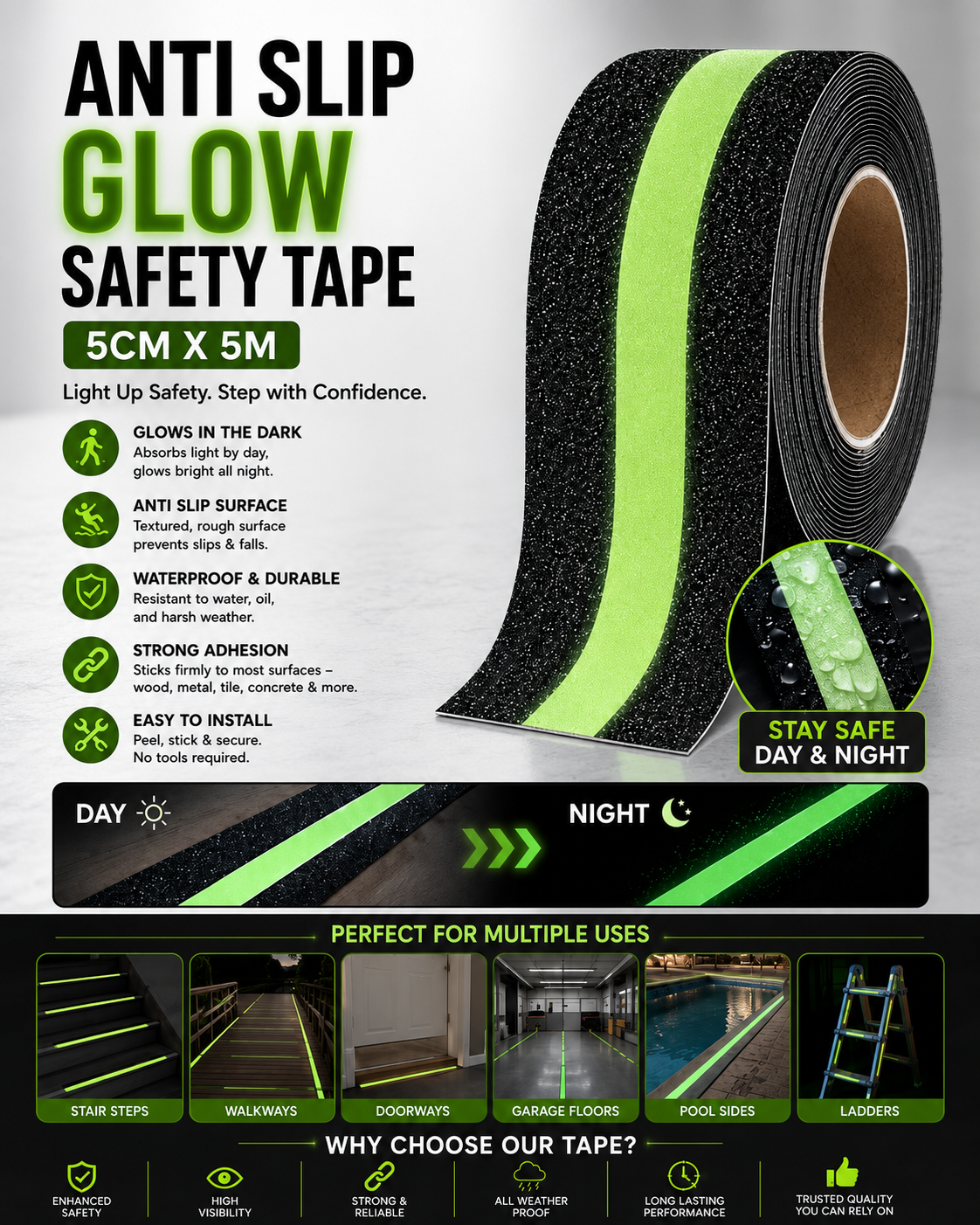 GlowSafe Anti-Slip & Glow-in-the-Dark Safety Tape